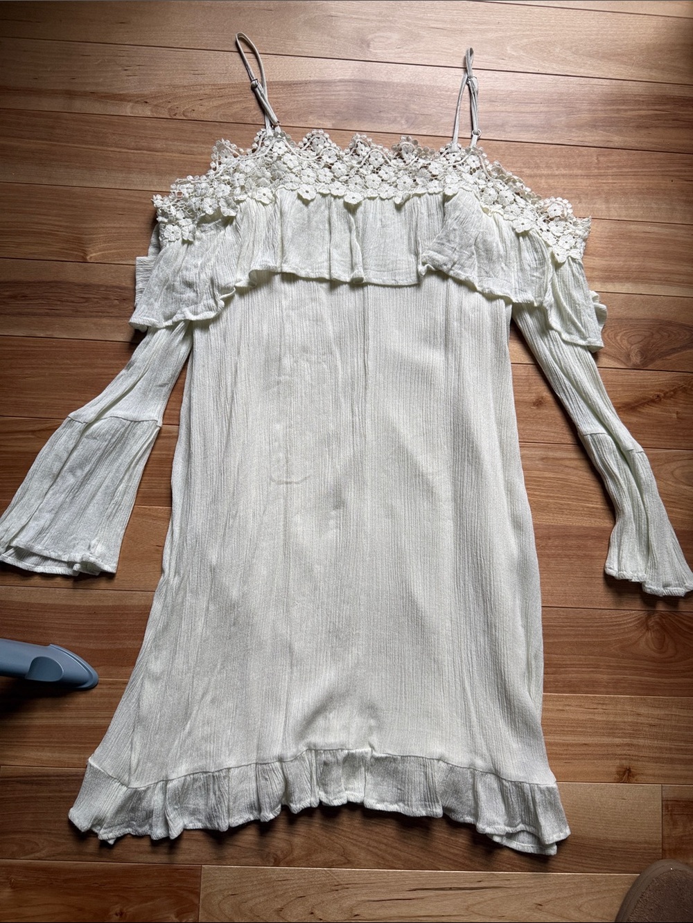 Off-Shoulder Crochet Trim Light Cream Dress